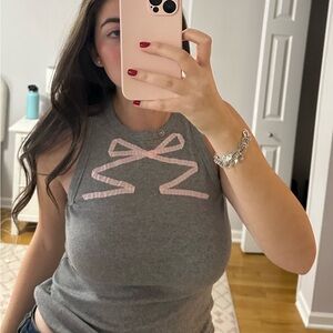 Gray Tank Top with Pink Ribbon Bow